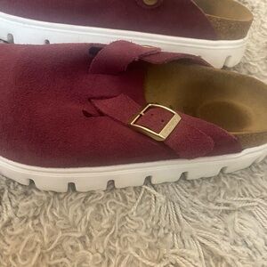 Papillio Maroon Suede Buckle Clogs